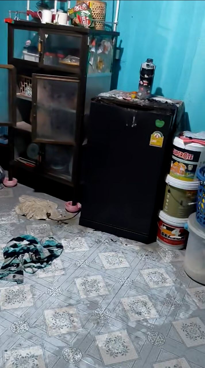 ไฟไหม้ตู้เย็นกลางบ้าน เจอป้านอนหน้าดำ นึกว่าไม่รอด สุดท้ายแค่หลับลึก